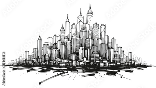 Abstract city skyline silhouette with falling ink drip and splatter texture