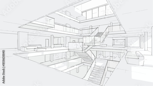 Interior architectural sketch of a modern multi level atrium with glass stairs