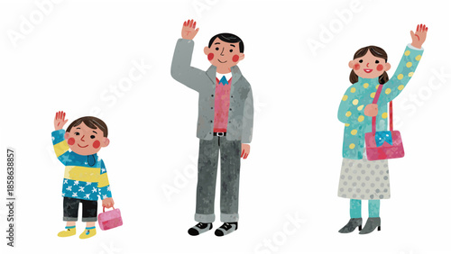 A happy family of three waving cheerfully showcasing a joyful and warm scene