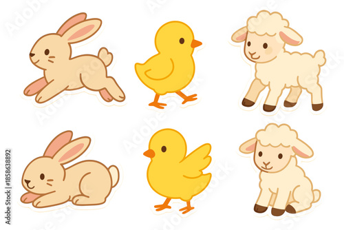 Cute cartoon spring animals set featuring bunny, chick, and lamb