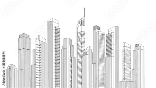 Perspective view of a group of modern high rise skyscrapers in city district
