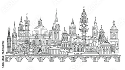 Detailed panoramic cityscape sketch with historical palaces and diverse buildings