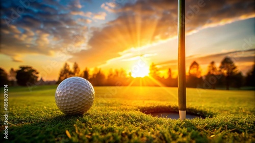 Golden Hour Golf A golf ball rests near the hole on a verdant putting green, bathed in the warm glow of a breathtaking sunset