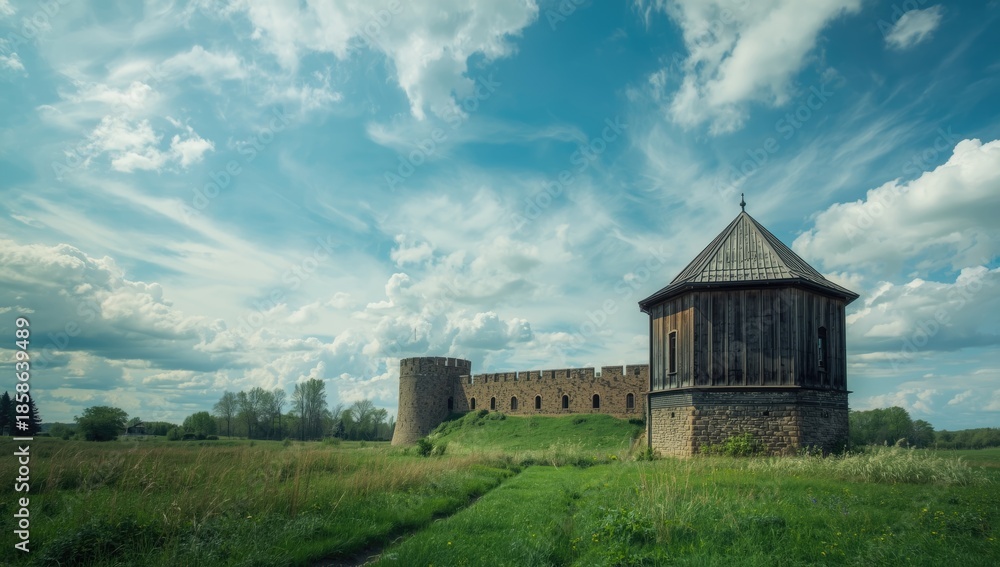 Obraz premium Ancient citadel being restored in a traditional Cossack settlement, emphasizing heritage conservation efforts.