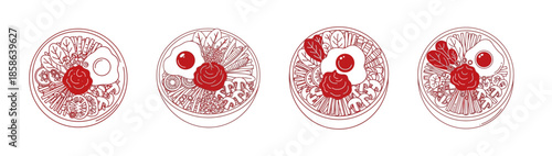 Illustration of four petri dishes showing different stages of cell division or growth with red and white elements.