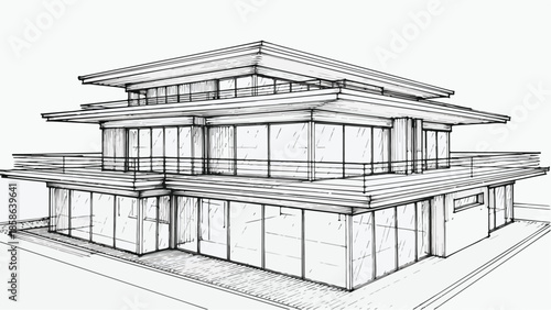 Modern flat roof residential villa architecture sketch