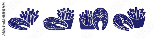 Blue silhouette icons of fish steaks and french fries, representing a classic fast food meal.