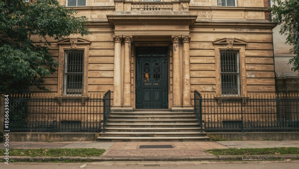 Obraz premium Old colonial house with textured walls and wrought iron gate, highlighting architectural details and urban setting