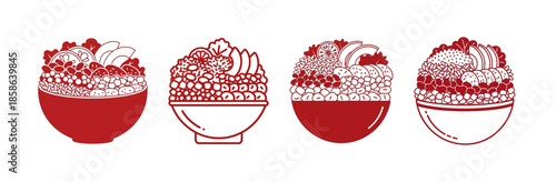 Four stylized illustrations of bowls filled with shaved ice and toppings, presented in a row.