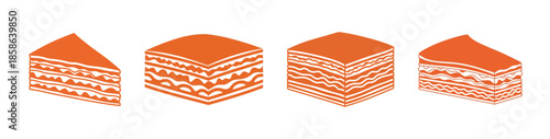 Four stylized illustrations of layered desserts, including a triangular slice and three square pieces, all in orange.