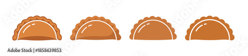 Four cartoon-style brown empanadas or dumplings with crimped edges in a row on a white background.
