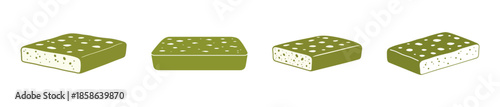 Four isometric illustrations of a green rectangular object with white dots, possibly representing a sponge or a food item.