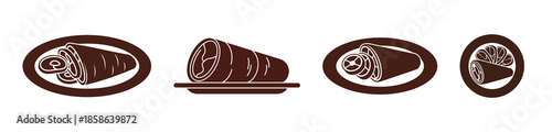 Set of four brown graphic icons depicting various rolled food items or pastries on plates and in dishes, isolated on white background.