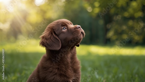 Adorable brown Newfoundland dog gazing skyward, capturing playfulness and alertness outdoors