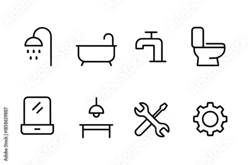 Minimalist bathroom icons: shower, bathtub, faucet, toilet, mirror, lighting, tools, gear
