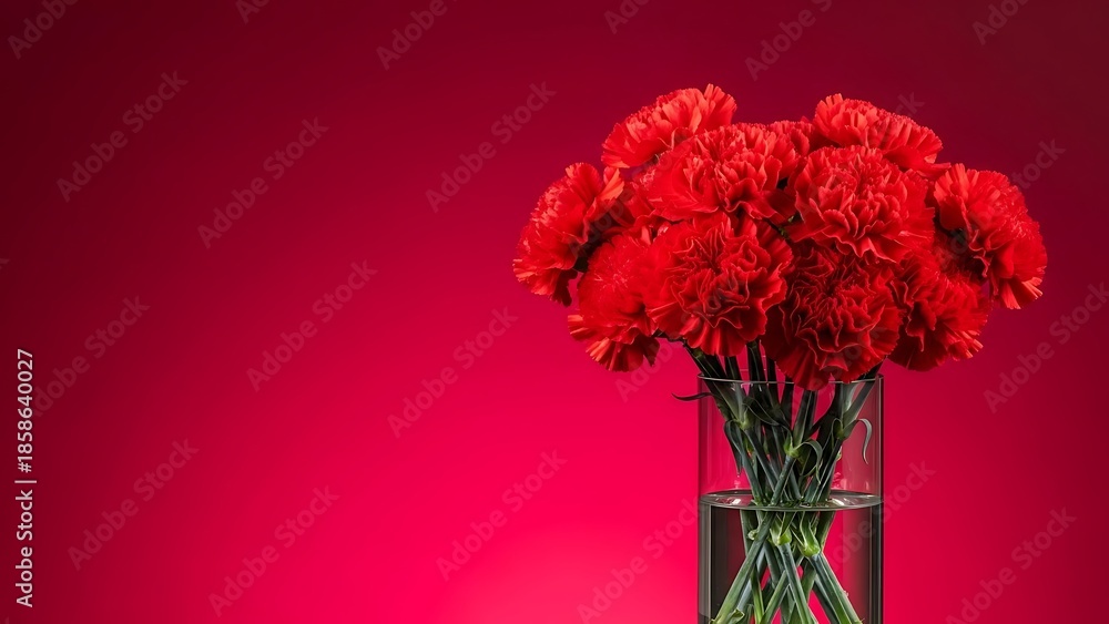 Obraz premium Bouquet of vibrant red carnation flowers in a clear glass vase against a solid red background valentine's day