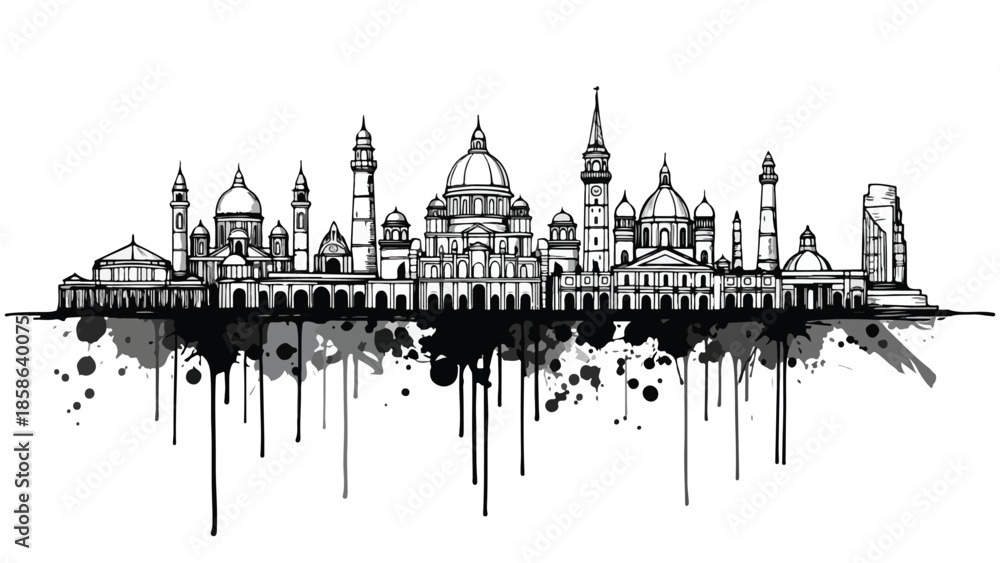 Fototapeta premium Famous landmarks silhouette with dark ink drip texture