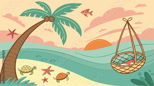 Tropical Beach Paradise Illustration: Palm Tree, Ocean, Turtles & Sunset