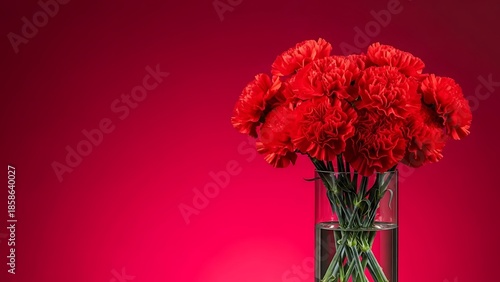 Bouquet of vibrant red carnation flowers in a clear glass vase against a solid red background valentine's day