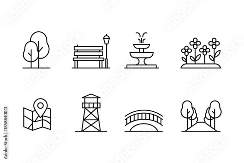 Minimalist urban park elements collection in linear style