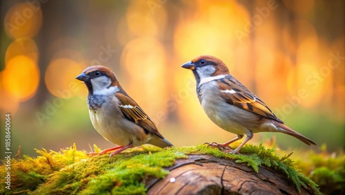 Two small brown and gray feathered birds perched on a moss-covered log with warm golden light in the background