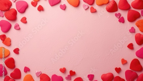 Hearts in red, orange, and pink on a pink background designed for layout use, ideal for seasonal greeting cards