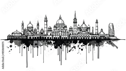 Famous landmarks silhouette with dark ink drip texture