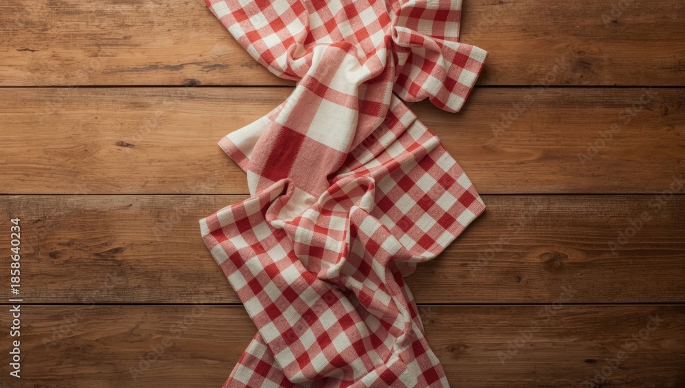 Fototapeta premium Kitchen towel or napkin on a weathered wooden surface, designed for editorial header use