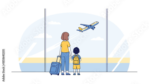 Mother and son holding hands, observing an airplane taking off from the large windows of an airport terminal, ready for their journey.