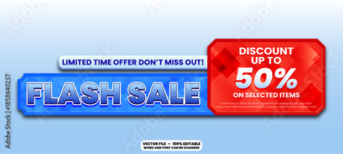 Colorful flash sale discount banner vector template design with editable text for business promotion, website header, and digital marketing use.