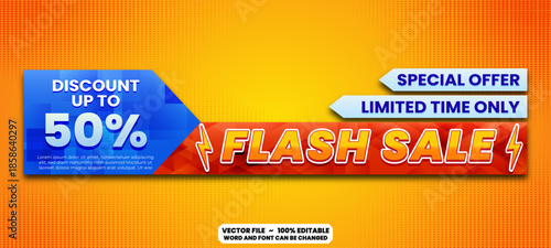 Special offer flash sale discount banner design with editable text for e-commerce website header, online store promotion, and digital marketing.