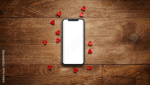 Smartphone displaying a blank screen placed on textured wooden surface with heart motifs, ideal for design or editorial background, love symbolism