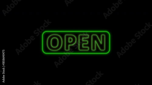 OPEN. Green neon sign with framed text. Animated glowing text. Design element