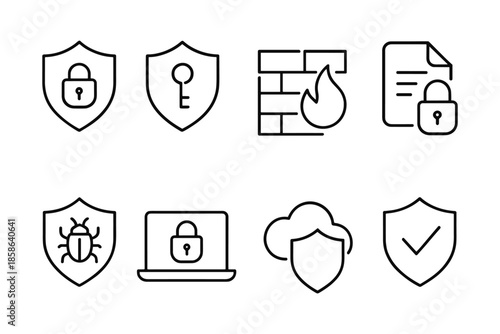 Cybersecurity protection icons set: firewall, shield, lock, key, cloud, bug