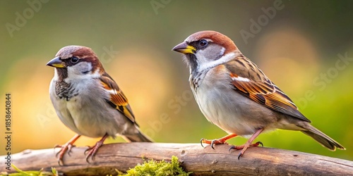 Two small avian companions perched together on a weathered wooden perch amidst soft, dappled greenery and golden light
