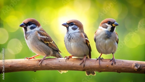 Three tiny feathered friends perched together on a rough wooden perch, enjoying a bright sunny day amidst soft green foliage and dappled sunlight