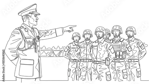 High-Quality Black Continuous Line Art of Military Officer Giving Instructions to Troops
