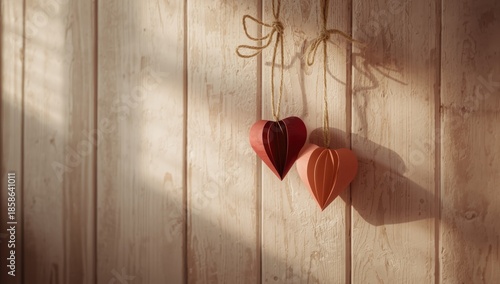 A pair of paper hearts suspended on a line, suitable for a romantic gesture or craft display