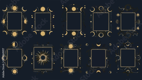 Set of Golden Celestial Frames Vector Illustration with Moon Phases and Sun