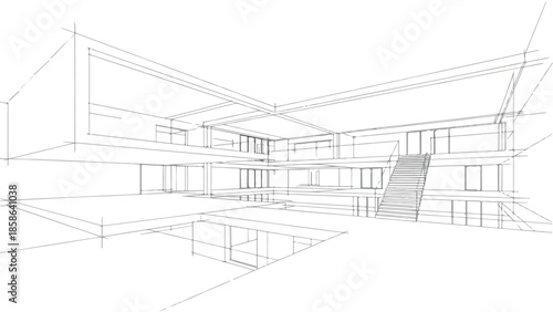 Modern interior architectural perspective of an open hall