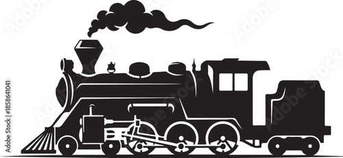 Black silhouette of a steam locomotive emitting smoke