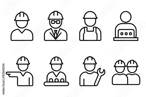 Industrial worker line icons: engineers, construction, laborers, teamwork
