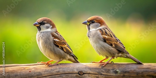 Two small brown feathered birds perched on a weathered wooden branch with a soft focus green background