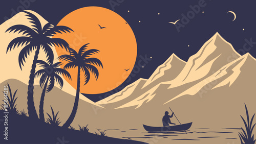 Tropical Sunset Landscape with Mountains and Boater Silhouette on Water