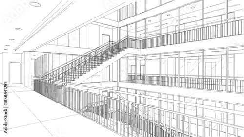 Perspective architectural sketch of a modern office building interior with grand staircase