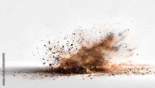 Exploding burst of earthy brown particles on a stark white surface, frozen in air