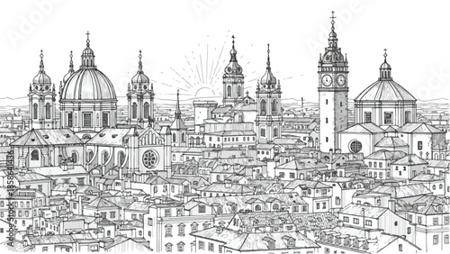 Dense architectural sketch of a historical european city with cathedrals and domes