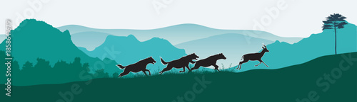 Silhouette of hyena chasing a deer through a misty mountain landscape with trees.