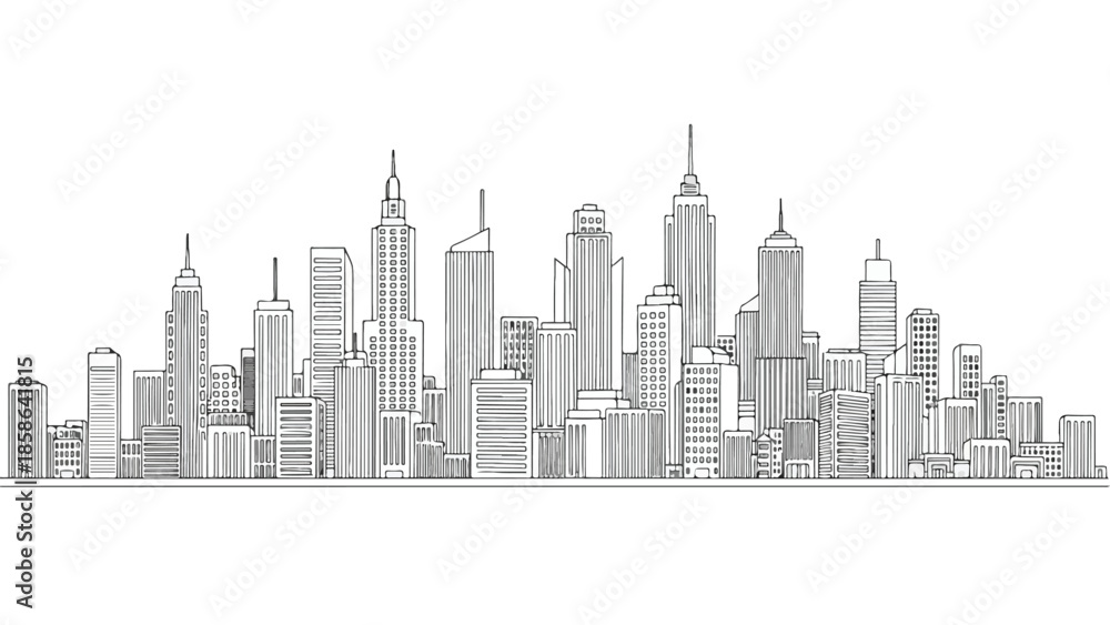 Obraz premium Clean linear drawing of a modern urban skyline with diverse skyscrapers