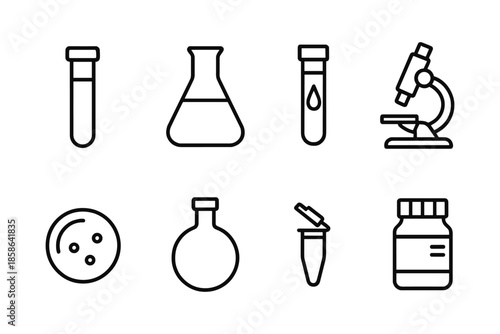 Scientific lab icons: outline collection of test tubes, flasks, microscope, and more